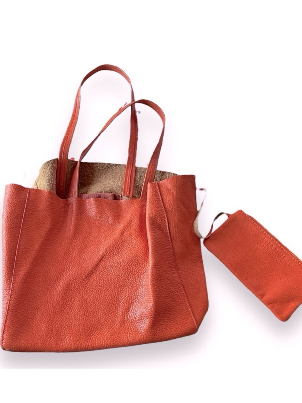 Soft Orange Leather Tote Bag With Attached Coin Pouch
